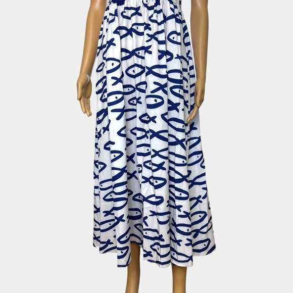 Women Fit & Flare Dress Size S Print Fish Blue Blue White Square Neck Sleeveless - Picture 6 of 8